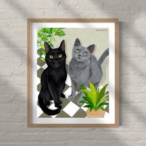 黒とグレーの猫のアートプリント、ロシアンブルーの猫、タキシード猫のアート、ボヘミアンプリント、猫の植物のアート、猫のお母さんへのギフト、観葉植物のアート、10 ドル以下のギフト