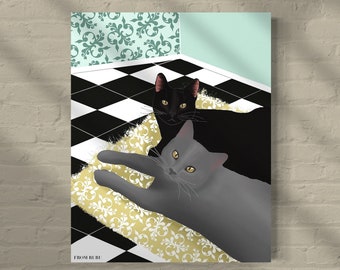 Black and gray cat art, gray cat art print, black cat art print, cat illustration, cat print, Christmas gift, cat tote bag