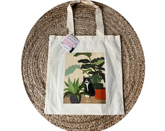 Cat tote bag, Canvas tote bag, tuxedo cat, cat plant art, plant lover gift, cat lover gift, handmade gift, Christmas gift, cat mom gift