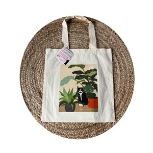 Cat tote bag, Canvas tote bag, tuxedo cat, cat plant art, plant lover gift, cat lover gift, handmade gift, Christmas gift, cat mom gift
