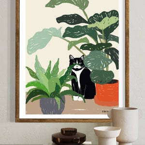 May include: A black and white cat sits in a pot of green plants. The cat is looking at the viewer. The plants are in a brown pot. The background is a light beige color. The text "FROY" is at the bottom of the image.