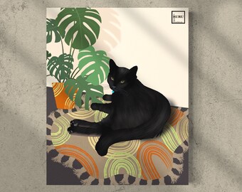 Bohemian cat art print | black cat with house plants | monstera deliciosa art | plant lady gift | cat mom gift |