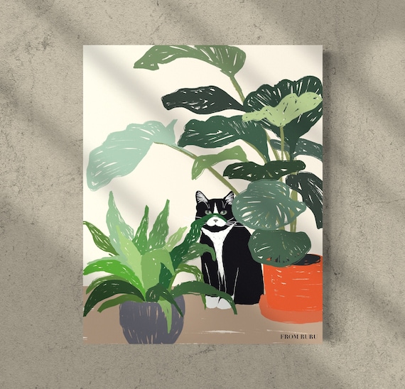 Cat plant art, tuxedo cat art, white and black cat, black cat art, plant art, cat illustration, gift for cat lovers, Christmas gift