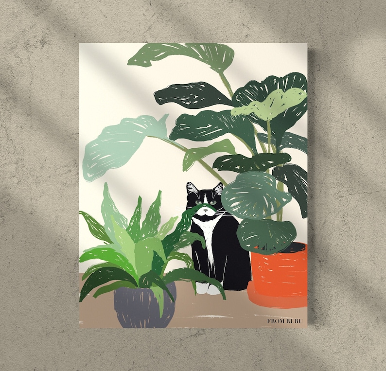 May include: A black and white cat with green eyes sits in front of a large green plant in a terracotta pot. The cat is looking to the left of the image. The plant is in a terracotta pot. The background is a light beige color. The text "FROM RURU" is in the bottom right corner of the image.