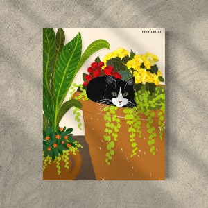 Cat in pot, black cat in flower pot, cat plant art, gray cat art, tuxedo cat art, cat mom gift, cat lovers gift, cat print, tropical cat