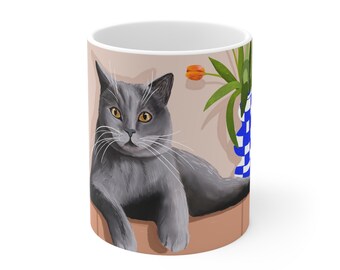 Gray cat mug, British shorthair cat mug, 11oz ceramic mug, dishwasher safe, microwave safe, cat lovers gift, Christmas gift, original art
