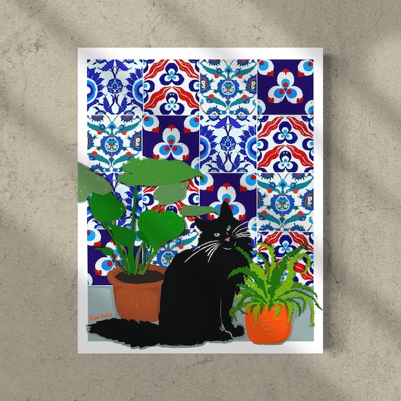 Cat with plants, Turkish tile art, black cat art, long fur orange cat, bengal cat, plant art, Mediterranean tiles, gift for cat lovers