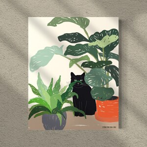 May include: A black cat sits in a pot of green plants with a white background. The cat is looking at the viewer. The text "FROM BLRI" is at the bottom of the image.