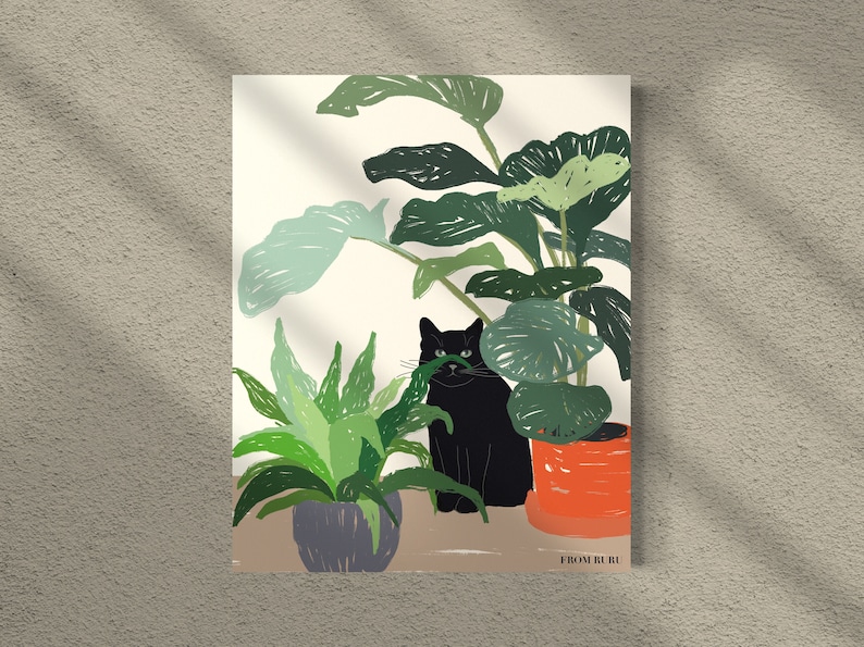 May include: A black cat sits in a pot of green plants with a white background. The cat is looking at the viewer. The text "FROM BLRI" is at the bottom of the image.