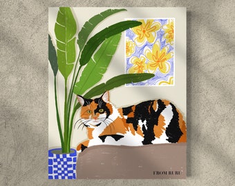 Calico cat art print, cat plant art, boho cat art, plant art, cat lovers gift, cat mom gift, cat dad gift, vibrant cat illustration