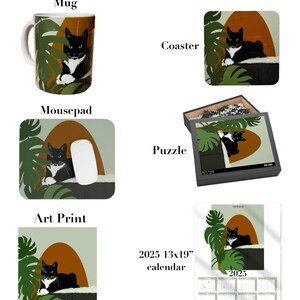 May include: A black and white cat with green leaves and a brown background. The image is available as a mug, mousepad, art print, coaster, puzzle, and 13x19 inch calendar.