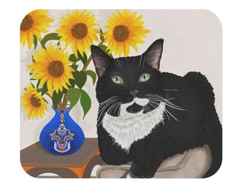 Tuxedo cat mousepad, sunflower cat mousepad, cat and plant mousepad, cat plant art, tuxedo cat art, cat lover gift, desk decor, office decor