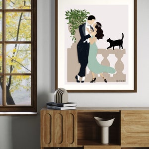 May include: A digital illustration of a couple dancing on a balcony with a black cat watching them. The man is wearing a black tuxedo and the woman is wearing a teal dress. The background is a light pink color with a green plant in a pot.