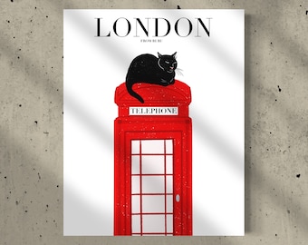 赤い電話ボックスにいる黒猫、ロンドンのアートプリント、赤い電話ボックス、黒猫のアート、ロンドン愛好家へのギフト、猫好きへのギフト、旅行プリント