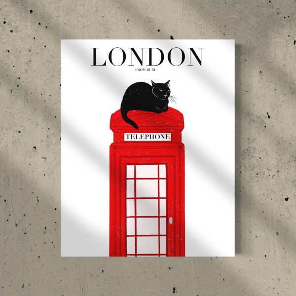 Black cat on red phone booth, London art print, red phone box, black cat art, London lover gift, cat lovers gift, travel print