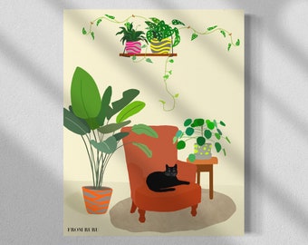 Cat plant art | Houseplants and black cat art print | minimalist boho art | houseplant art | cat lovers gift | black cat, Christmas gift