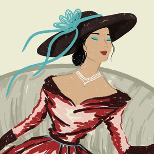 May include: A woman wearing a red and pink dress with a black sash and a wide-brimmed hat with a blue bow. She is sitting in a chair with a gray cushion.