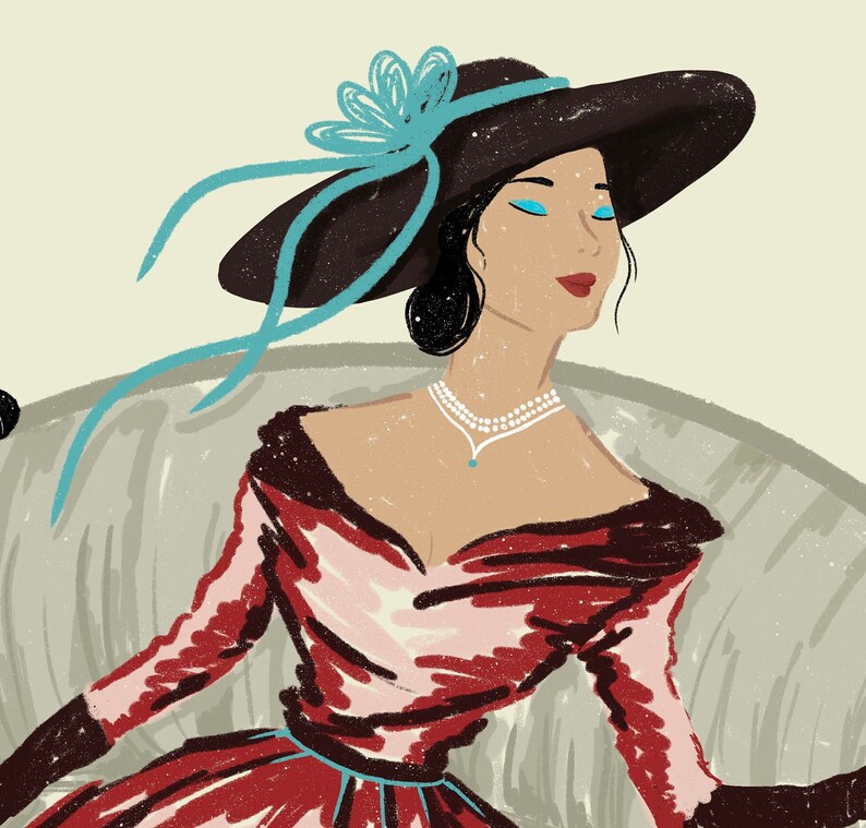May include: A woman wearing a red and pink dress with a black sash and a wide-brimmed hat with a blue bow. She is sitting in a chair with a gray cushion.