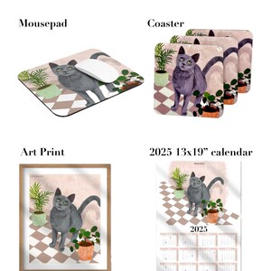 May include: A grey cat with green eyes sits on a chequered floor with potted plants. The image is available as a mouse mat, coaster, art print, and 13x19 inch calendar.