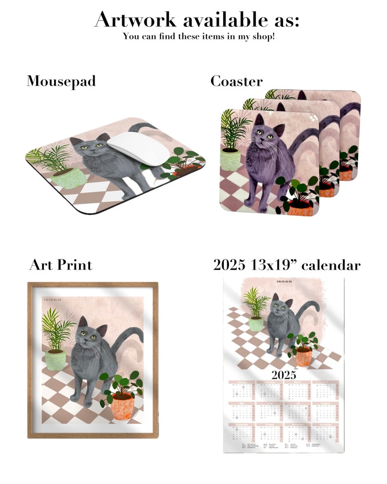 May include: A grey cat with green eyes sits on a chequered floor with potted plants. The image is available as a mouse mat, coaster, art print, and 13x19 inch calendar.