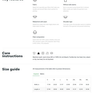 May include: A size chart for a t-shirt with measurements in inches. The chart shows the width, length, and sleeve length for sizes S through 4XL. The chart also includes information about the fabric, care instructions, and key features of the t-shirt.