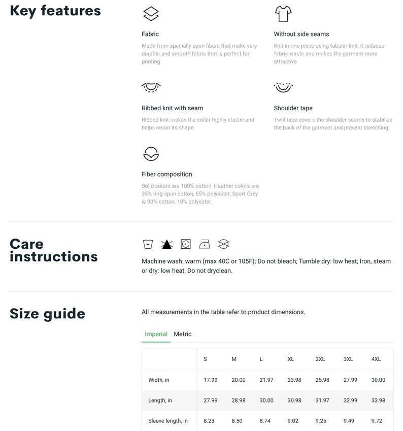 May include: A size chart for a t-shirt with measurements in inches. The chart shows the width, length, and sleeve length for sizes S through 4XL. The chart also includes information about the fabric, care instructions, and key features of the t-shirt.