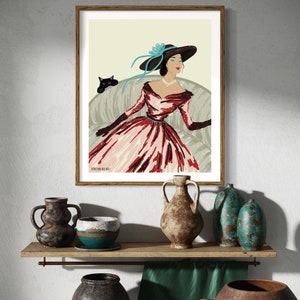 May include: A framed illustration of a woman in a red and white dress with a blue hat and a black cat sitting on a couch. The text "#FROM RURU" is at the bottom of the image.