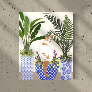 Orange cat art, cat plant art print, orange white cat, white and blue art, plant art, cat mom gift, cat lovers gift, Christmas gift