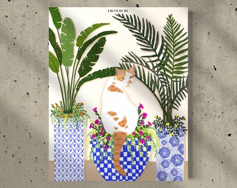 オレンジ色の猫のアート、猫の植物のアートプリント、オレンジ色の白い猫、白と青のアート、植物のアート、猫のお母さんへの贈り物、猫好きへの贈り物、クリスマスプレゼント