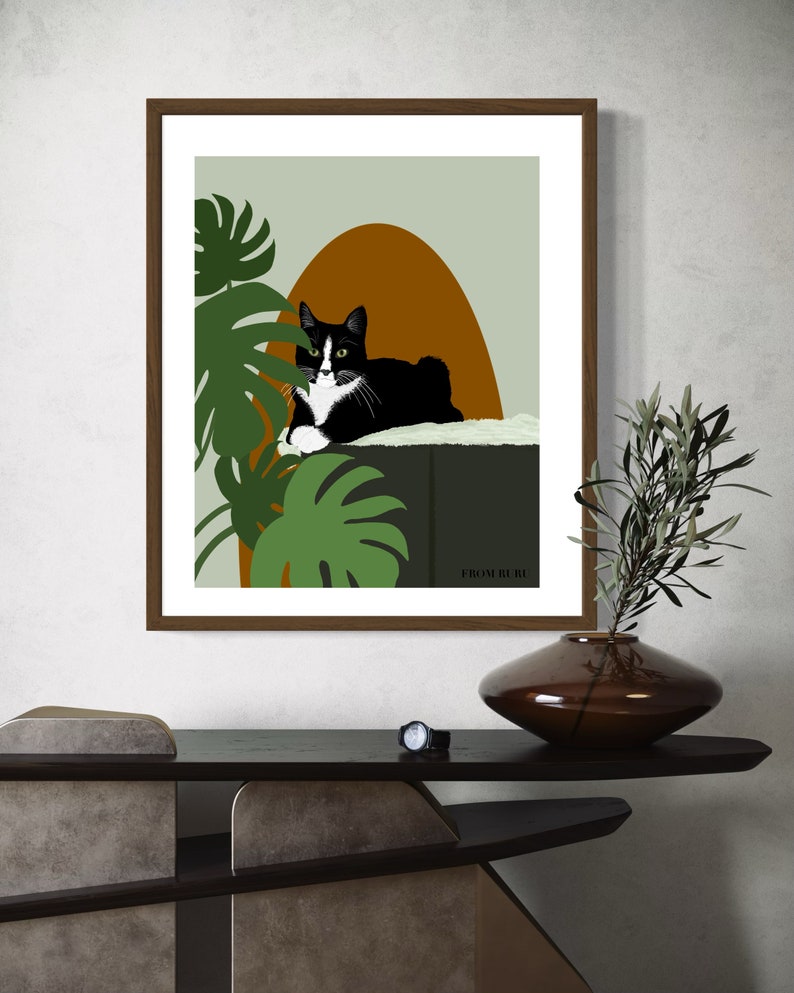May include: A black and white cat with green eyes is lying on a green platform with a brown oval behind it. Green leafy plants are in the background. The text "FROM RURU" is at the bottom of the image.