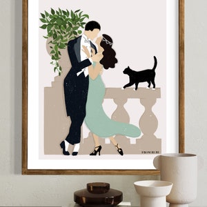 May include: A framed illustration of a couple in formal attire dancing on a balcony. The man is wearing a black tuxedo and the woman is wearing a green dress. A black cat is sitting on the railing of the balcony. The text "FROM RURU" is at the bottom of the illustration.