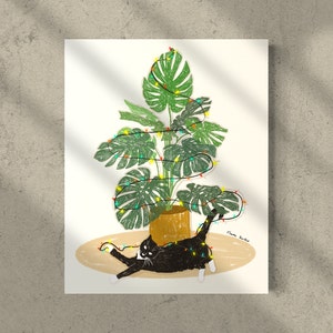 Arbre de Noël monstera, carte de Noël, art de Noël bohème, art de chat boho, art de chat smoking, art de plante d'intérieur, cadeau pour les amoureux des chats, cadeau de Noël