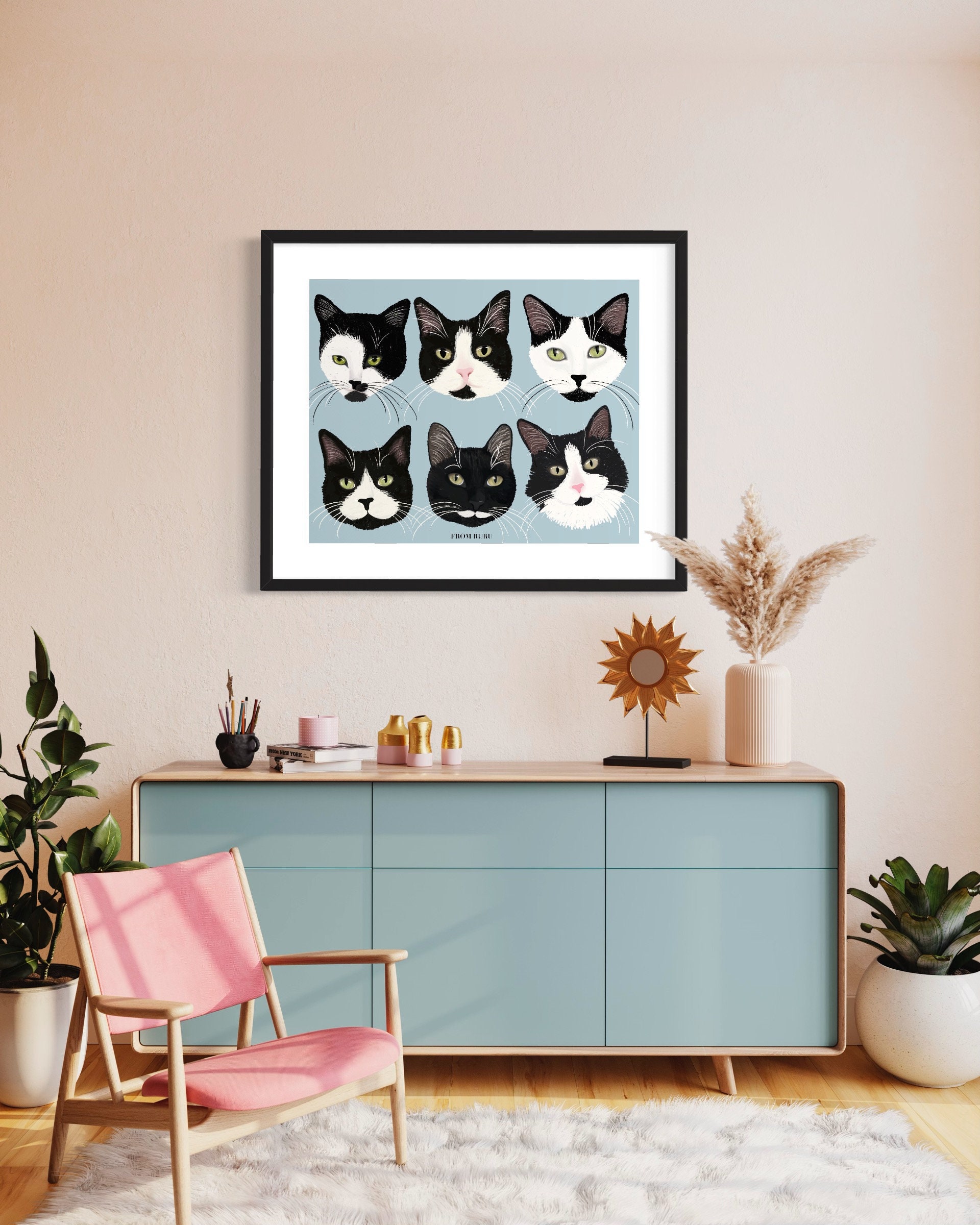 Tuxedo Cat Art, Tuxedo Cat Lover Gift, White and Black Cat, Cat Print ...