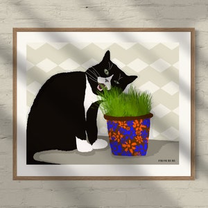 Cat eating grass, cat eating, tuxedo cat, black cat art, Christmas gift, cat dad gift, cat mom gift, gifts under 15, gift for cat lovers