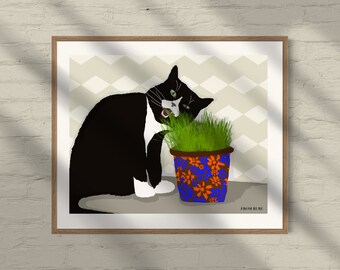 May include: A black and white cat with green eyes is eating from a pot of green grass. The pot has a blue and orange floral pattern. The background is a light beige with a chevron pattern.