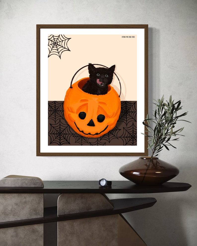 Halloween Cat Art, Black Cat in Pumpkin, Spooky Art, Halloween Wall Art ...