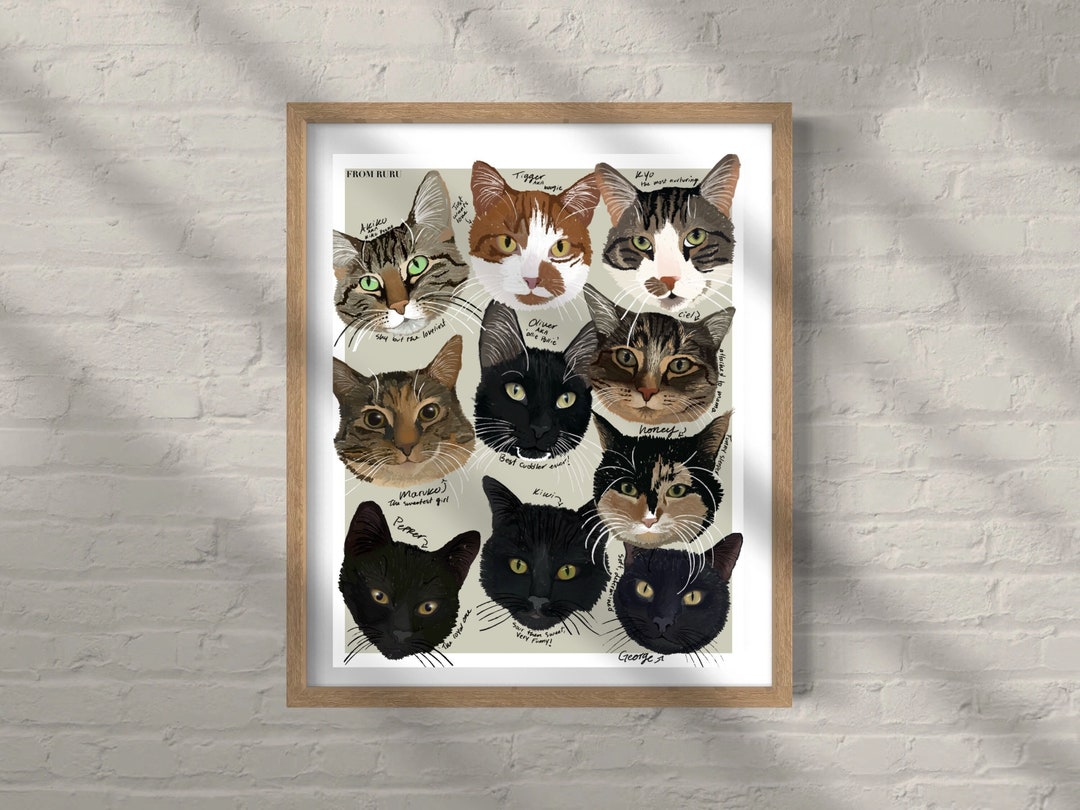Cat Poster, Cat Family Art Print, Black Cat, Tabby Cat, Tuxedo Cat ...