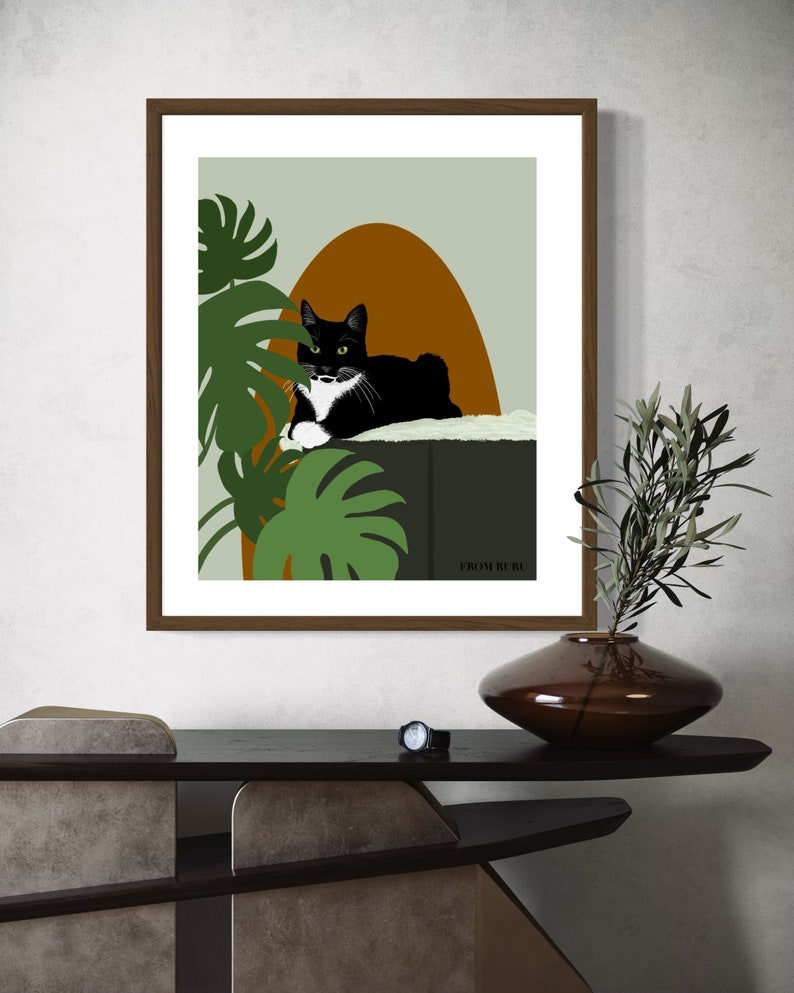 May include: A black and white cat with green eyes is lying on a green platform with a brown arch behind it. Green leafy plants are in the background. The text "FROM RURI" is at the bottom of the image.