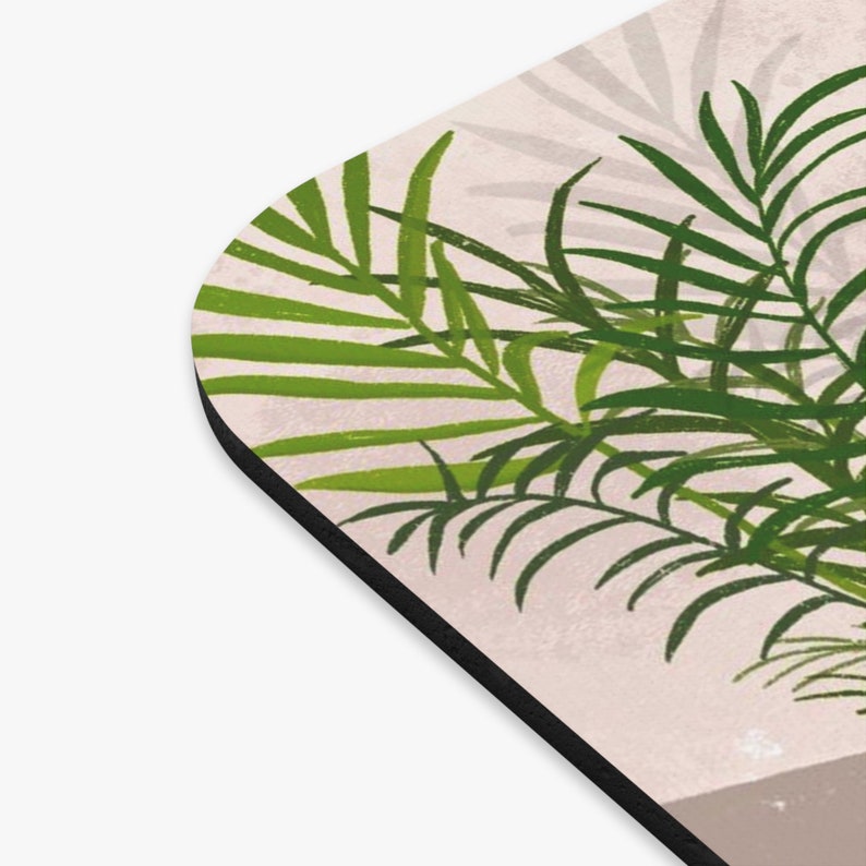 May include: A digital illustration of a tropical plant with green leaves on a pink background.