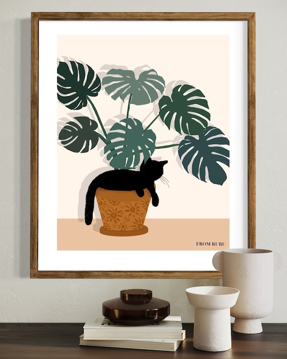 Monstera Deliciosa Art | Swiss Cheese Plant in Terracotta Pot | Cat Sitting  on Plant Art |black Cat Art |cat Lovers Gift | Christmas Gift - Etsy