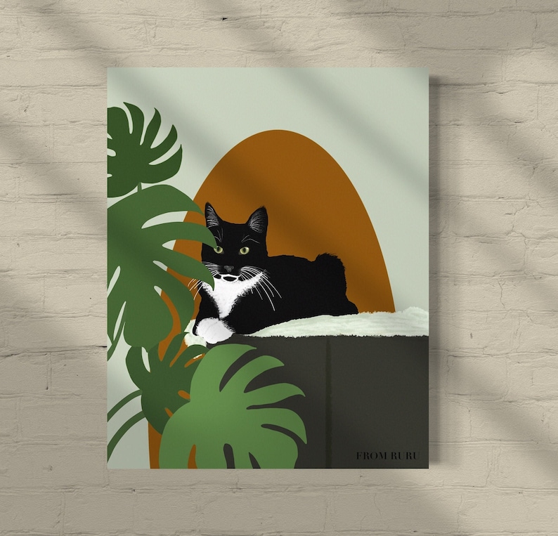 May include: A black and white cat with a white patch on its chest sits on a brown and black planter with green leafy plants. The background is a light green with a brown arch.