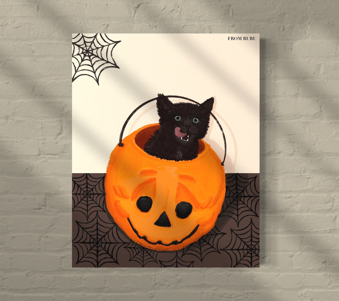 Halloween Cat Art, Black Cat in Pumpkin, Spooky Art, Halloween Wall Art ...