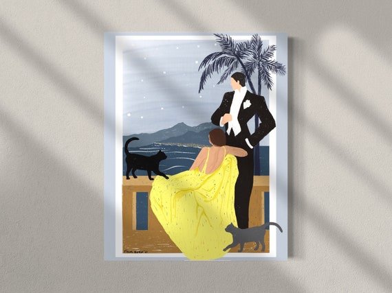 Lovers print, 1920s fashion, vintage art print, Art Deco print, romantic print, black cat art, gray cat art, cat lovers gift