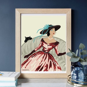 May include: A woman in a red and pink dress with a black hat and a blue flower sits on a couch with a black cat looking on. The text "FROM RURU" is at the bottom of the image.