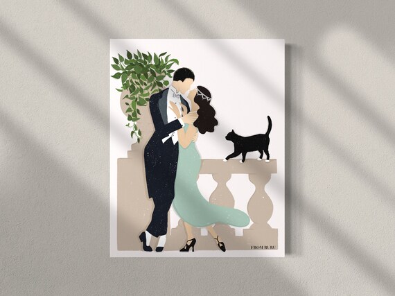 Art Deco print, Vintage art print, minimalist boho art, 1920s art print, black cat art, 1920s fashion, romantic art, Christmas cat gift