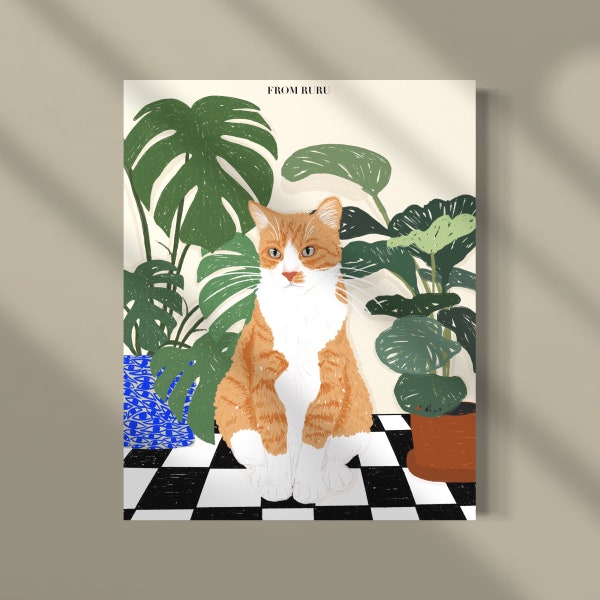 Orange cat art, orange white cat, cat and plant art, plant art, checkered art, cat mom gift, cat lover gift, plant lover gift