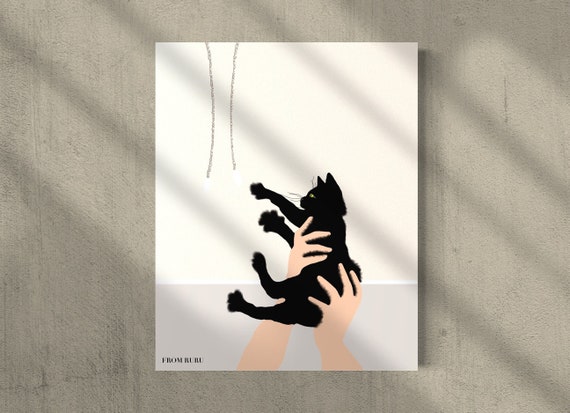 Black cat art | adorable kitten art print | cat reaching to ceiling fan | crazy cat lady gift | housewarming gift for cat lovers