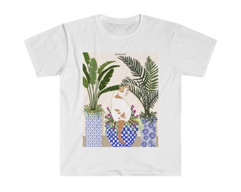 Orange and white cat T-shirt, original art tee, black unisex soft style cotton tee, cat plant tshirt, cat mom gift, cat dad gift