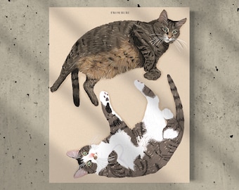 May include: Two cats, one brown tabby with white markings and one gray tabby with white markings, are lying on a beige background. The text "FROM RURU" is at the top of the image.