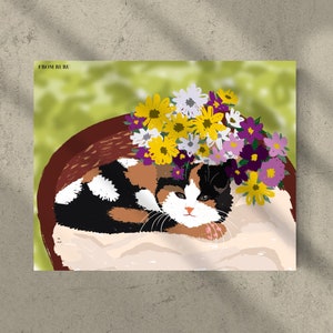 Calico cat art print, cat in basket, cat with flowers, cat illustration, cat print, calico kitten, cat lovers gift, gifts under 15